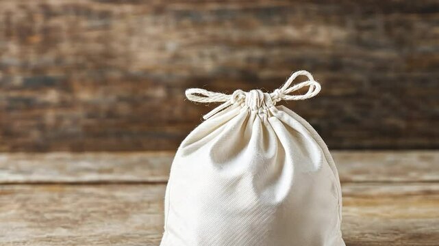 Plain white drawstring bag on wooden surface