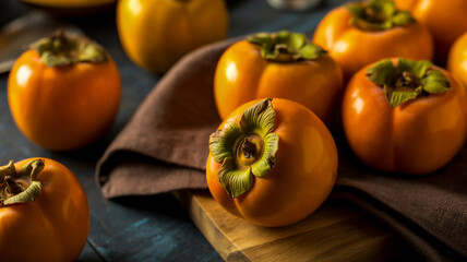 A close-up food photography shot of fresh persimmons on a wooden cutting board