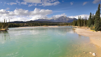 View from the Old Fort Point Road bridge over the Athabasca River valley, the Victoria Cross Ranges peaks in background. Jasper NP-Alberta-Canada-236