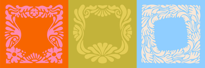 Vector illustration in simple naive and hippie groovy style, flowers and plants, floral botanic hand drawn design templates, frames and modern art prints, posters and placards with copy space