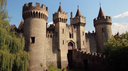 Fairytale castle stands near tranquil water on sunny day. Travel backdrop