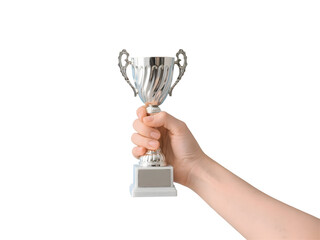 Woman s Hand Holding Silver Trophy on Transparent Background