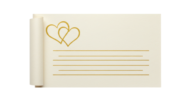 Isolated Cream Paper Scroll with Golden Intertwined Hearts and Lined Space for Text