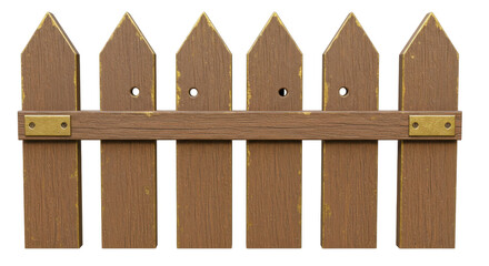 Isolated Brown Wooden Picket Fence Section with Golden Metal Accents