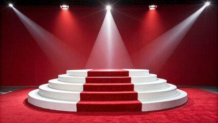 Spotlight on the Red Carpet: A theatrical stage, featuring a tiered platform, illuminated by spotlight and a red carpet, set against a deep red backdrop.