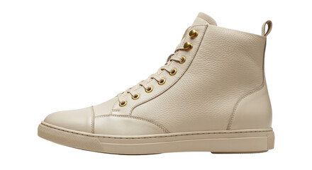 Isolated Stylish Beige Leather High Top Sneaker with Gold Eyelets