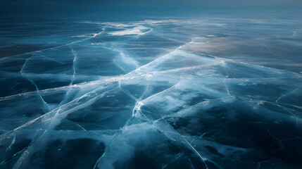 Dramatic aerial view of frozen lake baikal with visible cracks under a cloudy winter sky and frozen horizon
