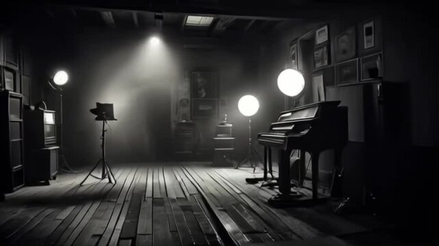 A dimly lit room with a piano in the foreground, surrounded by photographic equipment and framed pictures on the walls, giving an atmosphere reminiscent of a 1940s jazz club.