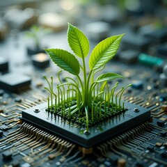 A vibrant green plant emerging from a microchip, blending nature with computer technology in stunning detail and clarity
