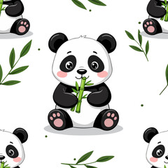 Obraz premium Seamless vector pattern with cute cartoon pandas and bamboo