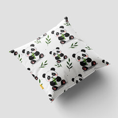 Seamless vector pattern with cute cartoon pandas and bamboo