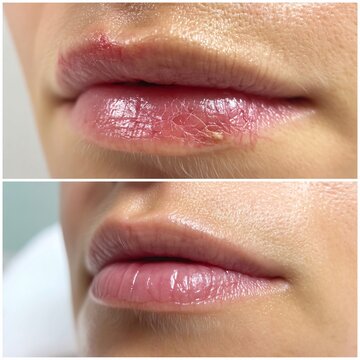 Sun-induced damage to the lip causing actinic cheilitis, a precursor to skin cancer.