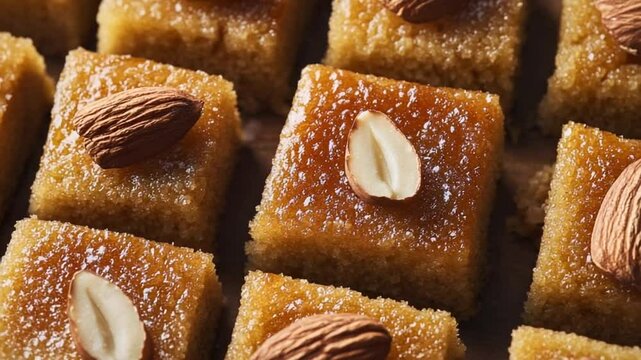 Delicious Basbousa: Golden Brown Semolina Cake Topped with Almonds