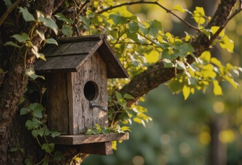 Rustic birdhouse nestled in a tree surrounded by vibrant green leaves