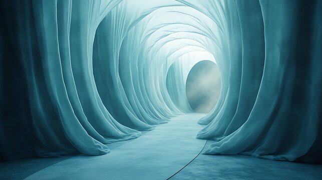 Mystical pathway veiled in ethereal blue, leading towards a diffused light source