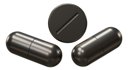 Isolated Three Black Pharmaceutical Capsules and One Tablet Pill