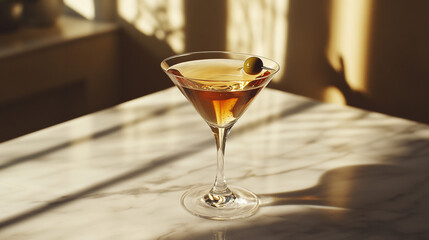 Martini glass olive garnish sunlight shadows marble table