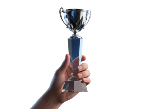 Hand Holding a Crystal Trophy on Black Background on transparent background