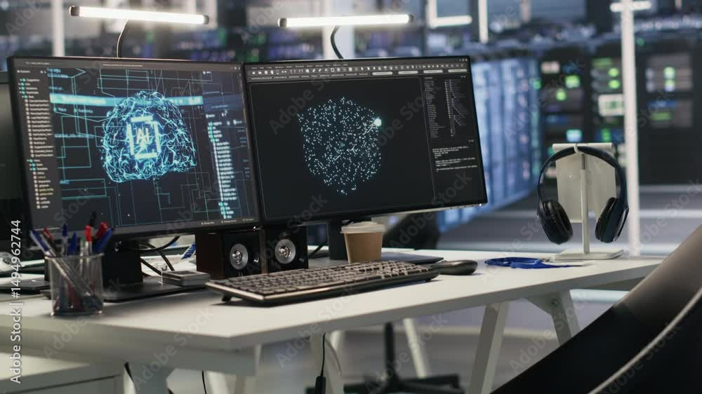 Poster data center workstation equipped with machine learning software visualizing deep learning models. hi