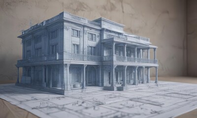 Blueprint effect mockup on faded photo  Architectural design, technical drafting feel , worn, graphic