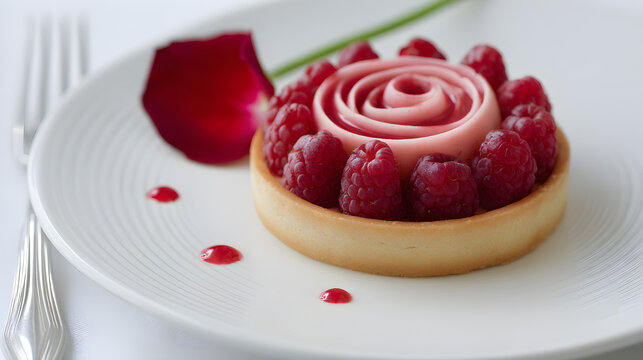 Exquisite Ispahan Tart with Raspberries and Rose Detail on Elegant Plate