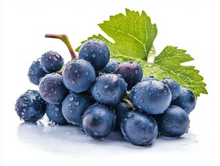 A bunch of fresh purple grapes with water droplets, isolated on a white background, soft lighting, high contrast, juicy and clean look, ideal for wine, fruit, or nutrition themes.
