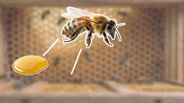Visualization of a honey bee and its products: honey, wax, royal jelly. Beekeeping concept. Empty space for text. Smooth animation on color paper background
