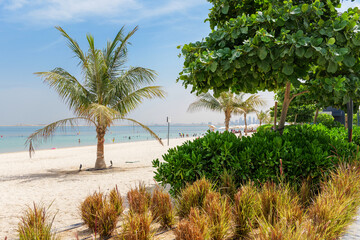 Dubai Islands Beach. Lush greenery, promenade, and sea view. A vibrant, new beach destination for Dubai tourism, lifestyle, and Dubai weekends