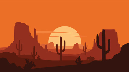 minimal layered desert canyon landscape with sunset sun and cactus silhouettes in warm solid color style vector illustration