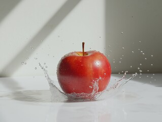 A dynamic studio photo of water being splashed onto a single red apple, frozen in motion. 