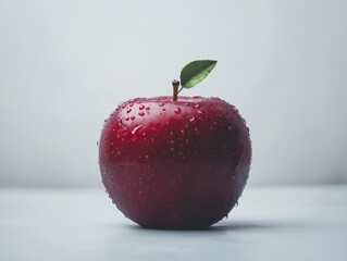 A fresh red apple with water droplets on its surface, placed on a white background, front view.