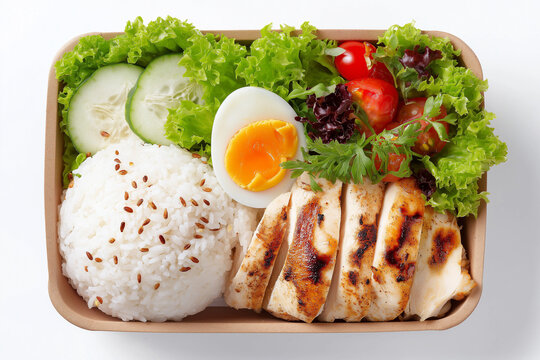 healthy food box with riceberry chicken grilled,egg boiled and mixed salad isolated on white background,top view,
