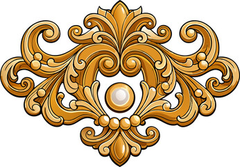 A Rococo-style gold filigree ornament, richly decorated with swirls, acanthus leaves, and pearl accents, highly detailed, floating on a white background