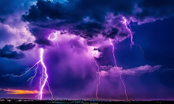 Dramatic lightning storm over landscape at night