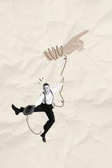 Art image vertical photo collage of shocked happy girl guy hang rope marionette exploitation...