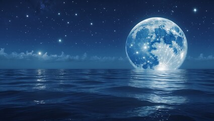 Luminous full moon reflected on the calm ocean with twinkling stars at night.