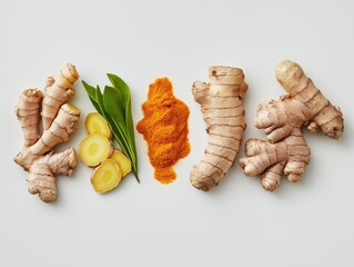 A minimalist studio image of fresh Indonesian spices laid out in a line: ginger, turmeric, galangal, and daun salam on a plain white background. Lots of negative space, sharp focus on the spices. 