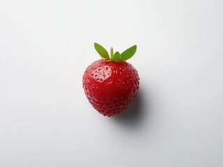 A single fresh strawberry photographed from a top-down angle on a pure white background. 