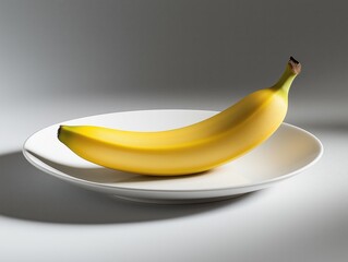 A single banana placed on a white plate against a slightly darker gradient white-to-grey background, under dramatic directional light from the side.