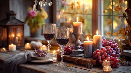Obraz premium Romantic Evening Table with Flickering Candles, Wine and Grapes.