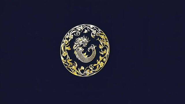 Gold dragon-fish emblem on dark blue background