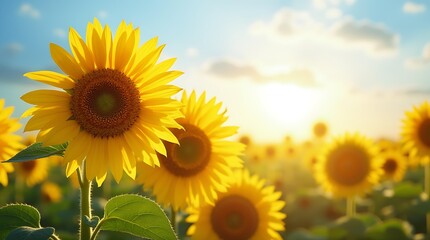 Fototapeta premium Close up of bright vibrant yellow sunflower in sunlit meadow field. Natural beauty, summer concept, agriculture. Golden hour light on farm crop perfect backdrop, greeting card design.