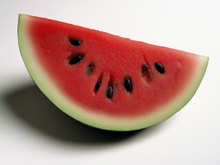 A top-down photo of a single triangular slice of watermelon placed on a clean white surface. 