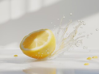 An action studio shot of fresh lemon juice splashing out as a lemon half hits a glossy white surface, droplets frozen mid-air.