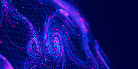 Closeup of Big data swirl patterns in futuristic cyberspace. Whirl flow of data in quantum digital network. Neon qubit stream with DOF.