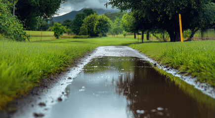 Muddy road with rainwater reflection, green grass, trees, and cloudy sky in countryside landscape