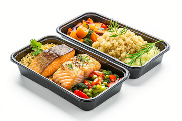 three different meal prep containers side by side: one with salmon and quinoa, one with grilled chicken and rice, one with roasted vegetables and couscous, isolated on white background, ultra realisti