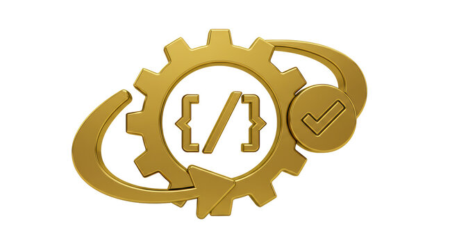 Isolated Golden Coding Process Gear with Arrow Cycle and Checkmark
