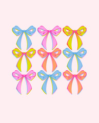 Cute Playful Bows Print. Whimsical Hand Drawn Risograph Style Illustration with colorful bows. Vintage feminine, coquette design in charming girly style. Retro aesthetics for romantic visuals