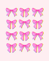 Cute Pink Bows Print. Whimsical Hand Drawn Risograph Style Illustration. Playful, feminine, coquette design in charming girly style. Retro, Vintage aesthetics for stationery, textiles, romantic visual